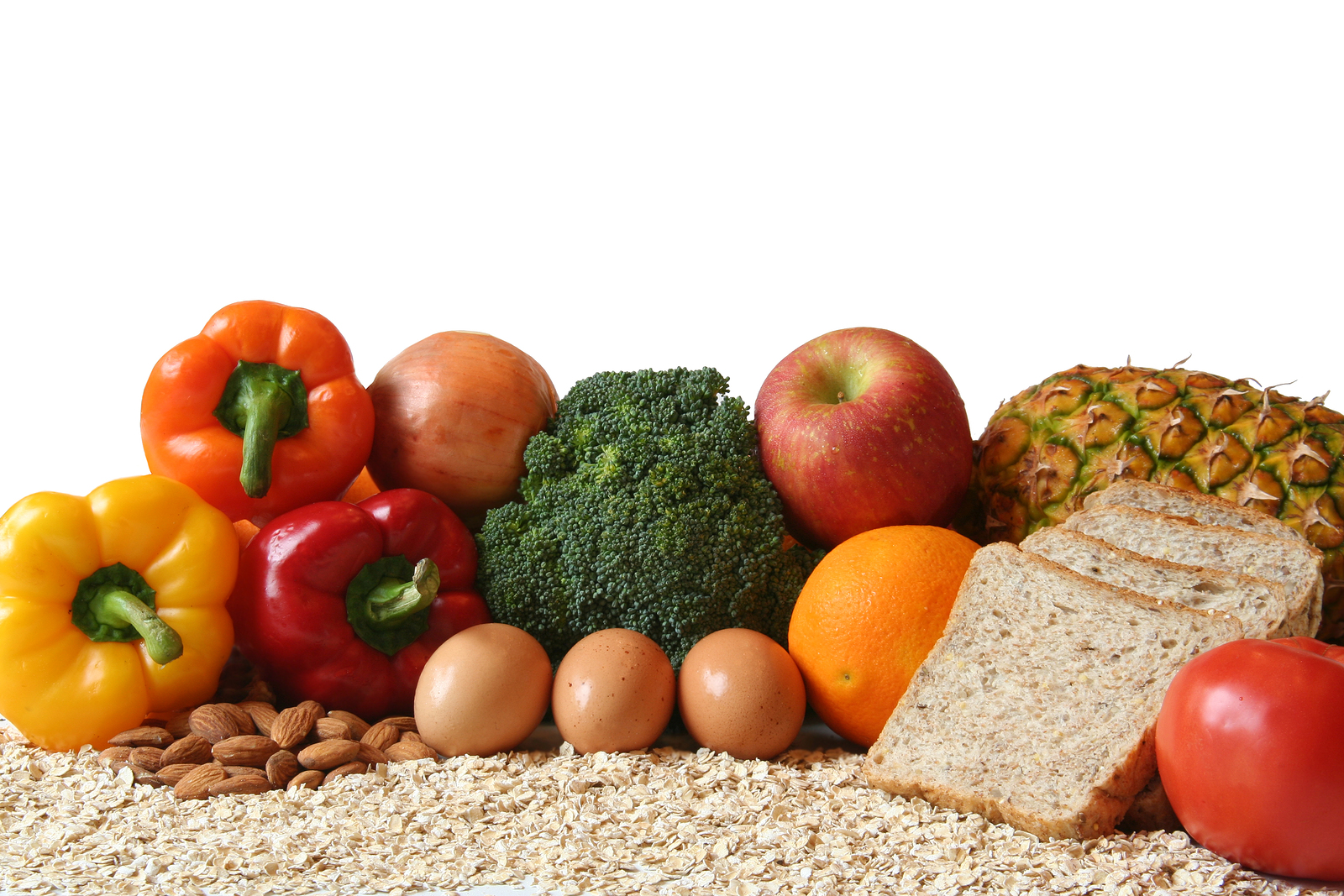 variety of fresh healthy foods fruits vegetables whole grains and dairy.