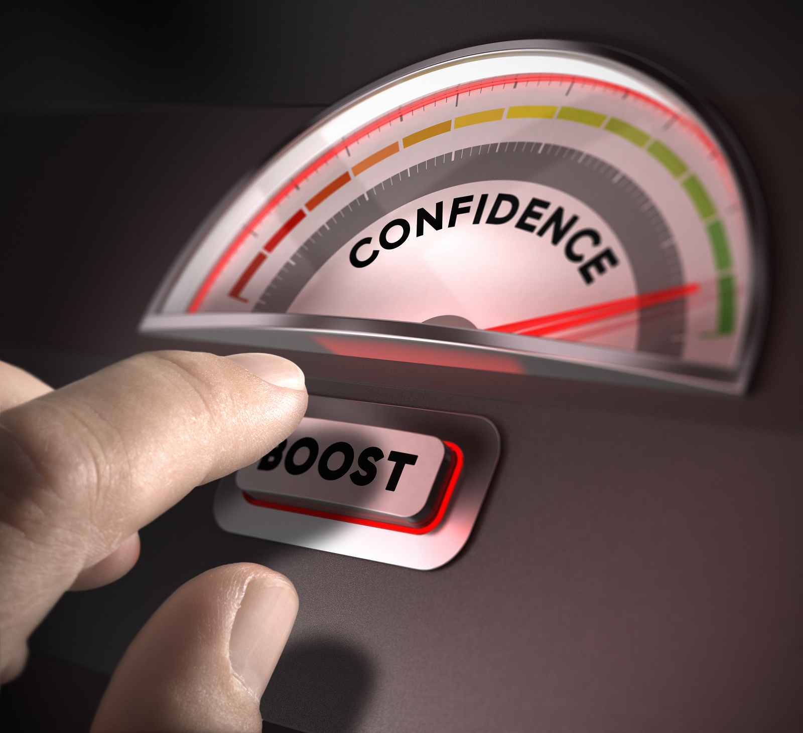 confidence indicator dial index and boost button over a dark background. Illustration of self-confidence or esteem